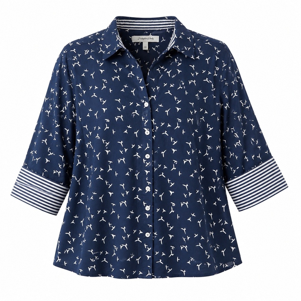 Foxcroft Button Up Shirt Womens XXL Navy Blue Bird Print Striped Cuffs Cotton